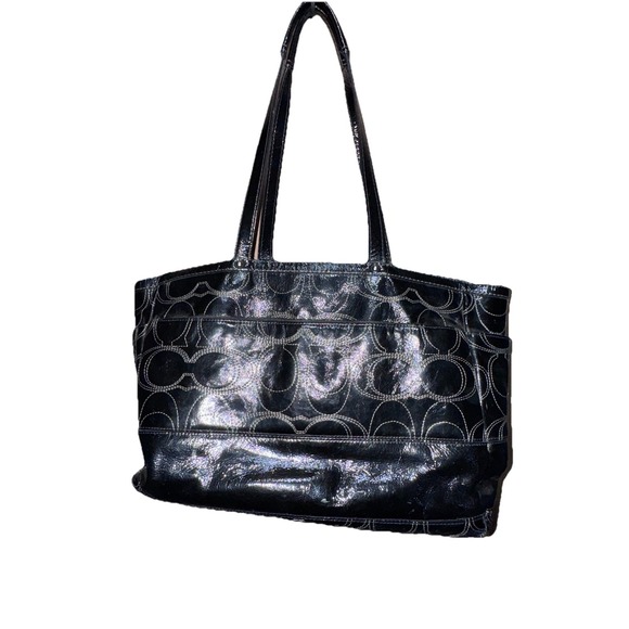 Coach Bag F19256 Signature Stitched Black Patent Lg. Leather Diaper Tote Laptop - Picture 9 of 9
